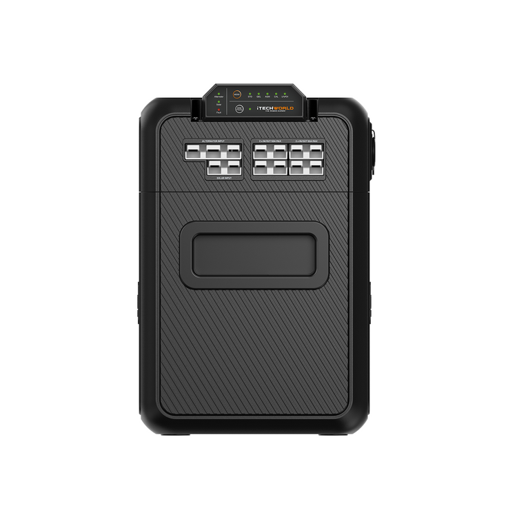 The iTechworld GoFurther Premium Battery Box, featuring the iTECHDCDC25 and iTECHBM500 with shunt, includes a digital lock keypad and top-panel battery monitor display, shown isolated on a white background.