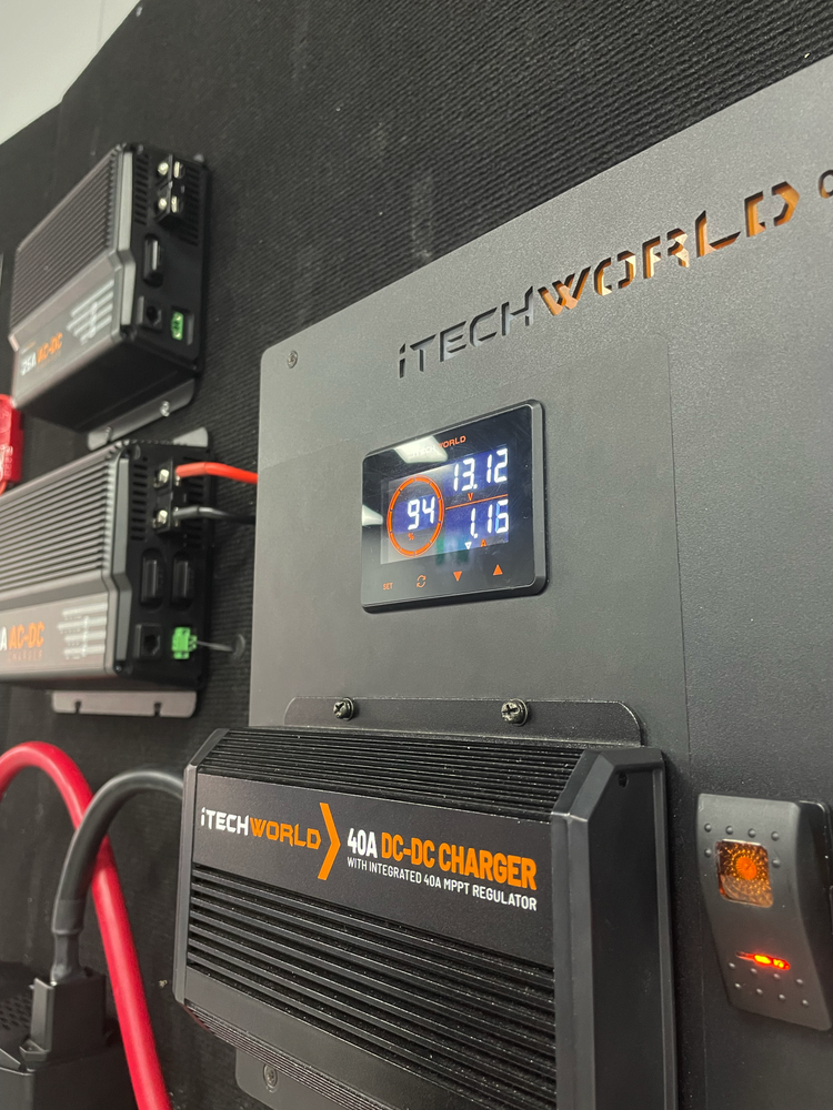 Close-up of the iTechworld iTECHBM500 Battery Monitor with Shunt (500A) and display panel showing 13.12V and 1.16A, providing precise battery readings. Red and black cables are connected, alongside an amp-hour counter and additional charger units mounted on a black wall.