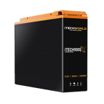The iTechworld iTECH100SX Slim Deep Cycle Lithium Battery (Bluetooth LiFePO4, 12.8V 100Ah, 1280Wh) is black and orange, features front-facing icons/branding, and is ideal as an off-road battery.