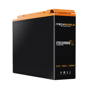 The iTechworld iTECH100SX Slim Deep Cycle Lithium Battery (Bluetooth LiFePO4, 12.8V 100Ah, 1280Wh) is black and orange, features front-facing icons/branding, and is ideal as an off-road battery.