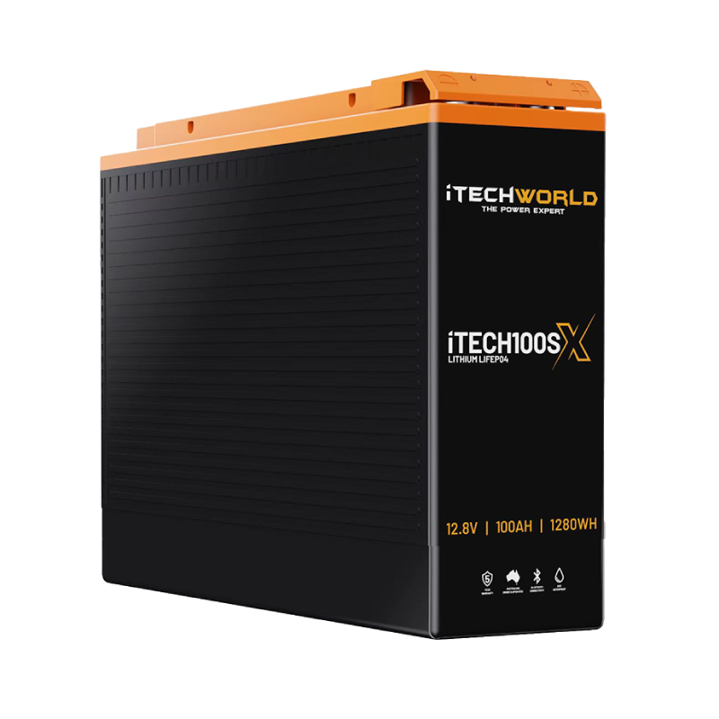 The iTechworld iTECH100SX Slim Deep Cycle Lithium Battery (Bluetooth LiFePO4, 12.8V 100Ah, 1280Wh) is black and orange, features front-facing icons/branding, and is ideal as an off-road battery.