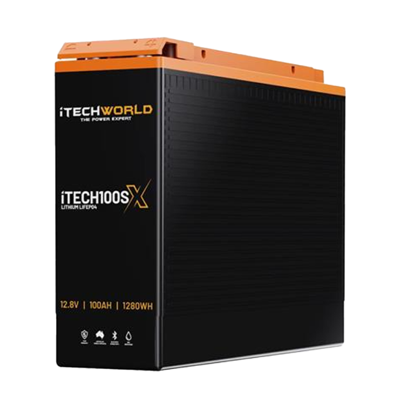 The iTechworld iTECH100SX Slim Deep Cycle Lithium Battery with Bluetooth LifePO4 100Ah is shown upright against a plain white background. Its distinctive black and orange design stands out in the image.