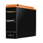 The iTechworld iTECH100SX Slim Deep Cycle Lithium Battery with Bluetooth LifePO4 100Ah is shown upright against a plain white background. Its distinctive black and orange design stands out in the image.