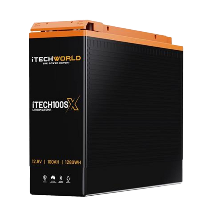 The iTechworld iTECH100SX Slim Deep Cycle Lithium Battery with Bluetooth LifePO4 100Ah is shown upright against a plain white background. Its distinctive black and orange design stands out in the image.