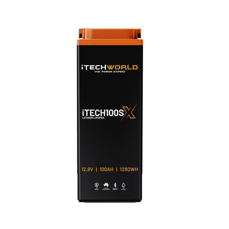 A black and orange rectangular iTechworld iTECH100SX Slim Deep Cycle Lithium Battery with Bluetooth (LifePO4 12.8V 100Ah 1280Wh) features specification icons displayed along the bottom.