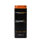 A black and orange rectangular iTechworld iTECH100SX Slim Deep Cycle Lithium Battery with Bluetooth (LifePO4 12.8V 100Ah 1280Wh) features specification icons displayed along the bottom.