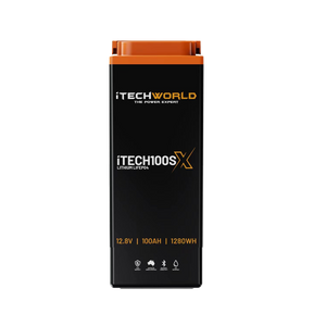 A black and orange rectangular iTechworld iTECH100SX Slim Deep Cycle Lithium Battery with Bluetooth (LifePO4 12.8V 100Ah 1280Wh) features specification icons displayed along the bottom.