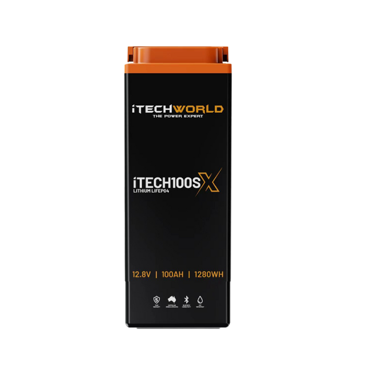 A black and orange rectangular iTechworld iTECH100SX Slim Deep Cycle Lithium Battery with Bluetooth (LifePO4 12.8V 100Ah 1280Wh) features specification icons displayed along the bottom.
