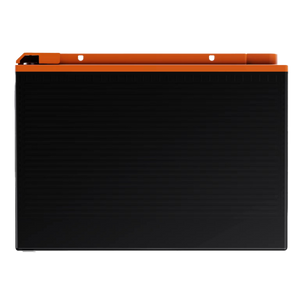 A rectangular black object with a textured surface and an orange top edge, viewed from the side against a plain white background. It is the iTechworld iTECH100SX Slim Deep Cycle Lithium Battery 100Ah with Bluetooth (LifePO4).
