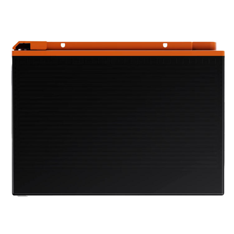 A rectangular black object with a textured surface and an orange top edge, viewed from the side against a plain white background. It is the iTechworld iTECH100SX Slim Deep Cycle Lithium Battery 100Ah with Bluetooth (LifePO4).