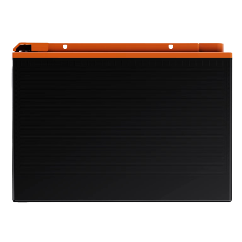 A rectangular black object with a textured surface and an orange top edge, viewed from the side against a plain white background. It is the iTechworld iTECH100SX Slim Deep Cycle Lithium Battery 100Ah with Bluetooth (LifePO4).