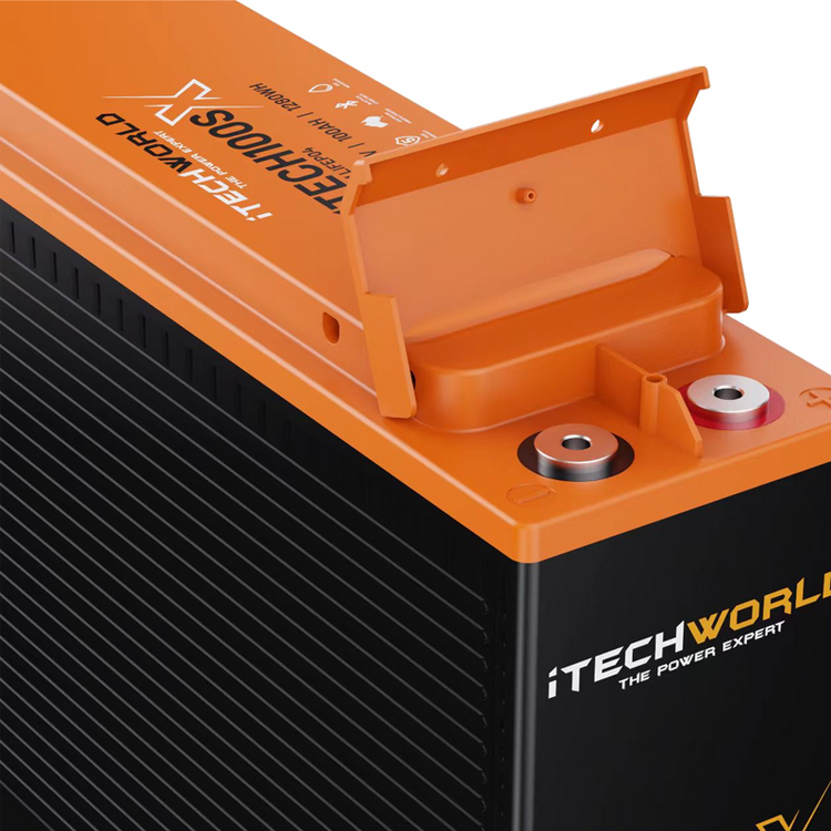 Close-up of an orange and black iTechworld iTECH100SX Slim Deep Cycle Lithium Battery with Bluetooth, 100Ah LifePO4, showing branding, exposed terminals, and a partially open lid.