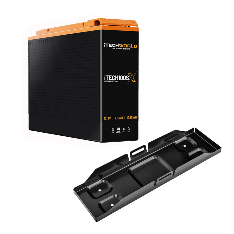 The iTechworld 100Ah Slim Lithium LiFePO4 Battery Bundle with Battery Tray is shown on a white background—ideal for reliable off-grid power.