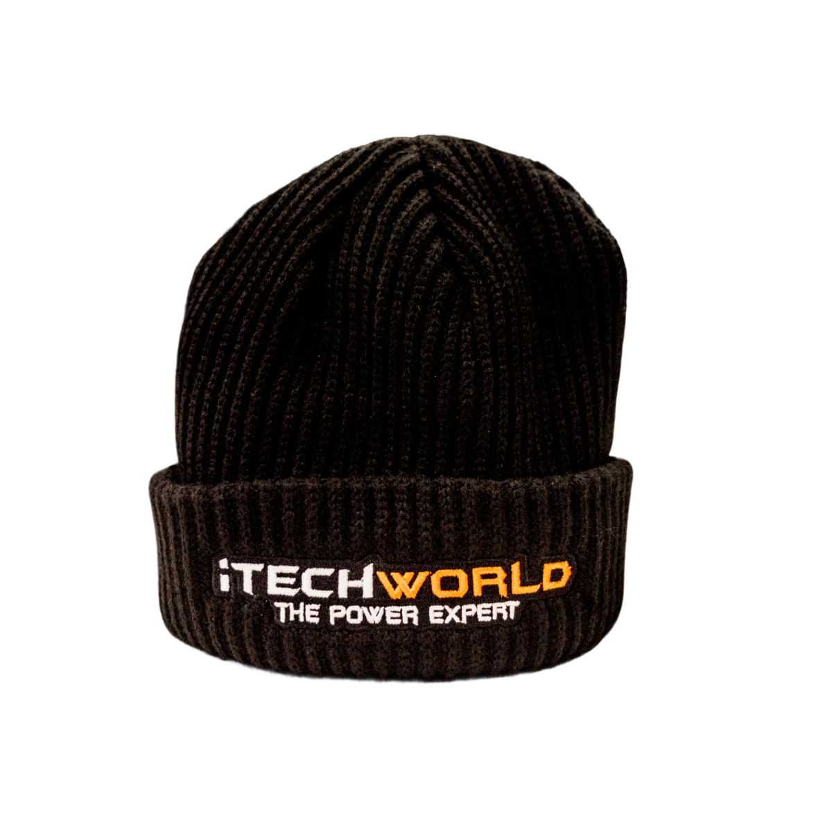 The iTechworld | Beanie | Embroidered is a black insulating beanie featuring THE POWER EXPERT stitched in white and orange on the brim—an ideal cold-weather accessory displayed on a white background.