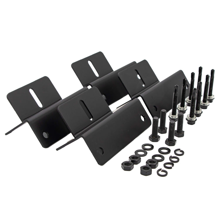 Set of four black iTechworld solar panel mounting brackets with slotted holes, plus bolts, nuts, washers, and lock washers—ideal for a BOGO Bundle. Get 100% off on the Hard Frame set at BOGOS.io!.