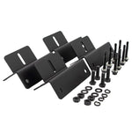 Four iTechworld Hard Frame solar panel mounting brackets are arranged with matching black bolts, nuts, and washers on a white background, showing hardware organized for easy solar installation.