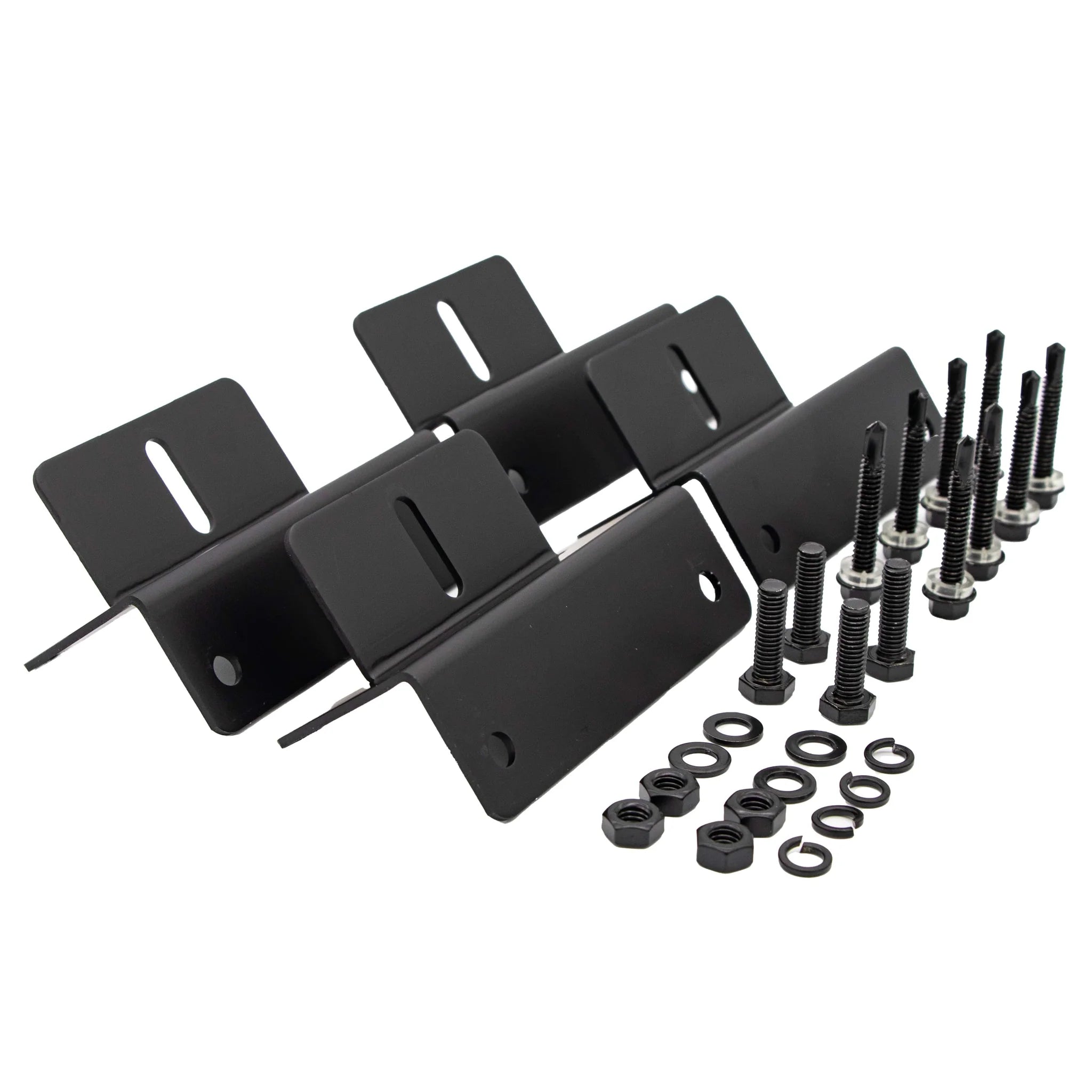 Four iTechworld Hard Frame solar panel mounting brackets are arranged with matching black bolts, nuts, and washers on a white background, showing hardware organized for easy solar installation.