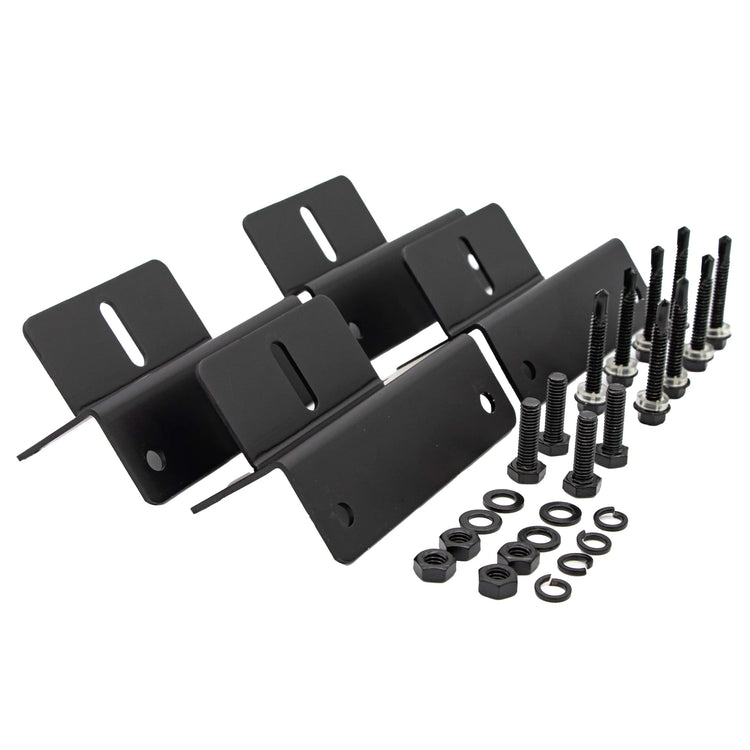 Four iTechworld Hard Frame solar panel mounting brackets are arranged with matching black bolts, nuts, and washers on a white background, showing hardware organized for easy solar installation.