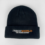Stay warm with the iTechworld Black Beanie, featuring "THE POWER EXPERT" embroidered in white and orange. This insulating beanie by iTechworld is a cold-weather essential, shown on a plain white background.