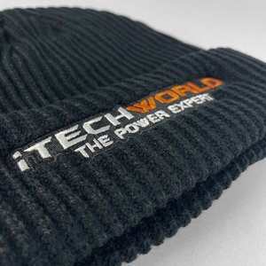 A close-up of the iTechworld | Black Beanie | Embroidered, featuring white and orange "THE POWER EXPERT" text—this ribbed knit beanie by iTechworld is a cold-weather essential for warmth.