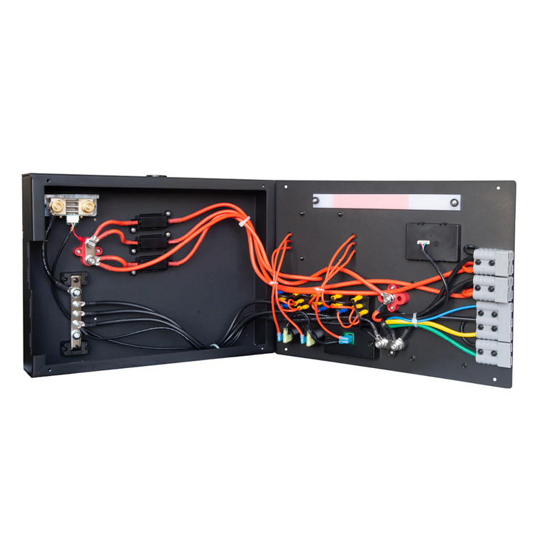 The iTechworld Premium Control Hub, featuring a 25A DCDC charger and 500A shunt, is shown with its door open, displaying a network of orange, black, green, and blue wires connected to various terminals and components.