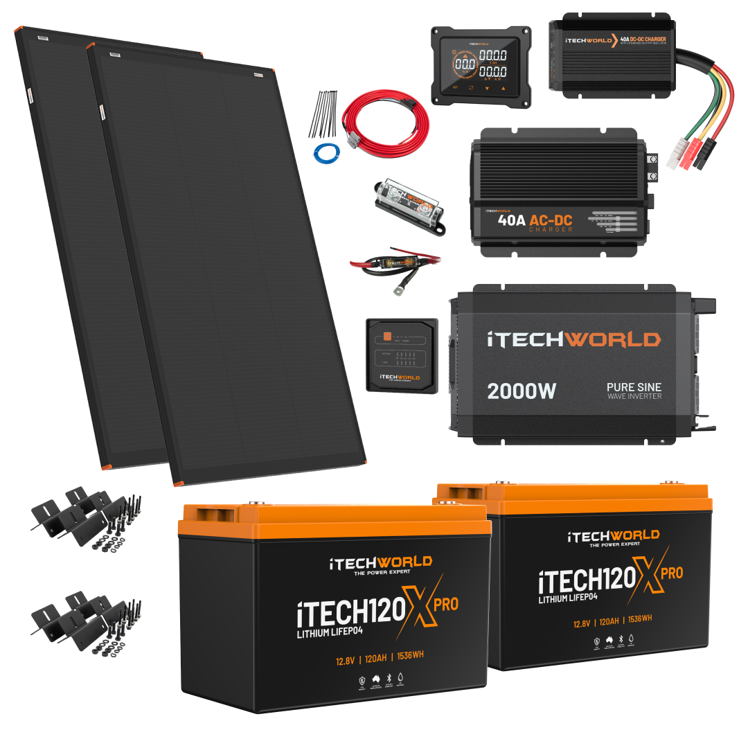 The Complete | Lithium 4WD/Caravan Kit | 240Ah features two solar panels, two lithium batteries, a 12V setup with 2000W inverter, charge controller, cables, brackets, and accessories—all organized on a white background.