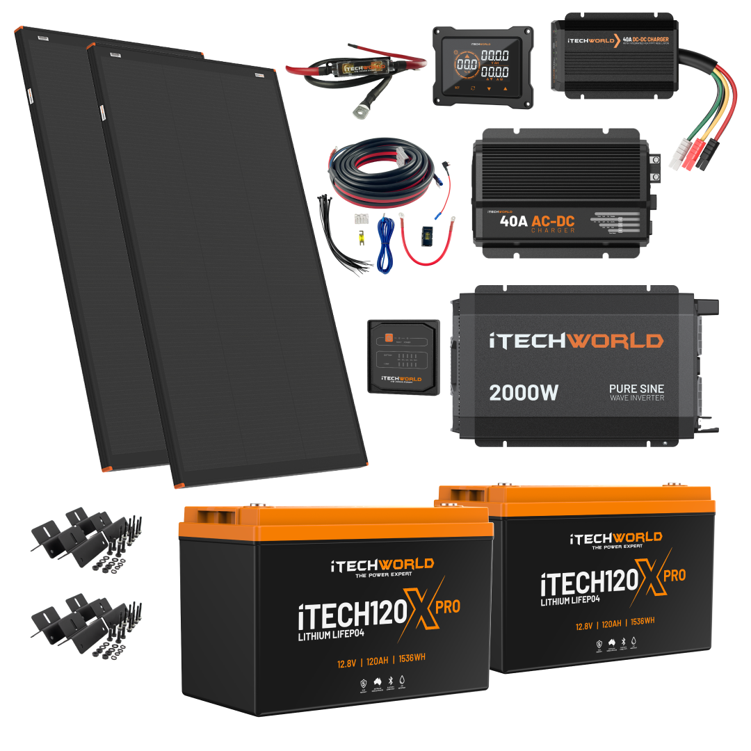 The Complete | Lithium 4WD/Caravan Kit | 240Ah features two solar panels, two lithium batteries, a 12V setup with 2000W inverter, charge controller, cables, brackets, and accessories—all organized on a white background.