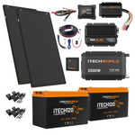 The Complete | Lithium 4WD/Caravan Kit | 240Ah features two solar panels, two lithium batteries, a 12V setup with 2000W inverter, charge controller, cables, brackets, and accessories—all organized on a white background.