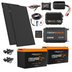 The Complete | Lithium 4WD/Caravan Kit | 240Ah features two solar panels, two lithium batteries, a 12V setup with 2000W inverter, charge controller, cables, brackets, and accessories—all organized on a white background.