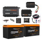 The Complete | Lithium 4WD/Caravan Kit | 240Ah features two lithium batteries, a 2000W inverter, a 40A DC charger, cables, and battery monitors—ideal for any 12V setup, all arranged on a white background.