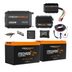 The Complete | Lithium 4WD/Caravan Kit | 240Ah features two lithium batteries, a 2000W inverter, a 40A DC charger, cables, and battery monitors—ideal for any 12V setup, all arranged on a white background.