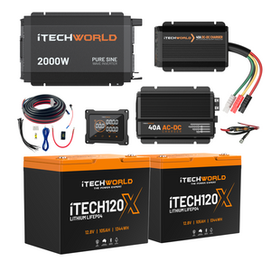 The iTechworld Complete Lithium 4WD Kit (210-240Ah) features two LiFePO4 batteries, a 2000W inverter, 40A DC-DC charger, cables, fuses, and a digital display—an ideal off-road power solution for any adventure.
