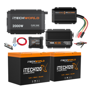The iTechworld Complete Lithium 4WD Kit (210-240Ah) features two LiFePO4 batteries, a 2000W inverter, 40A DC-DC charger, cables, fuses, and a digital display—an ideal off-road power solution for any adventure.