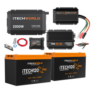 The iTechworld Complete Lithium 4WD Kit (210-240Ah) includes a 2000W inverter, two 12V lithium batteries, 40A AC-DC charger, wiring, connectors, and display panel—a perfect off-road power solution for any adventure.