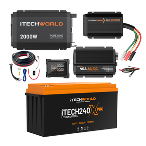 Discover the Complete Lithium 4WD Kit (210-240Ah) from iTechworld, featuring a 2000W inverter, 40A DC-DC and AC chargers, wiring, display, and robust off-road power—all in a compact battery system.