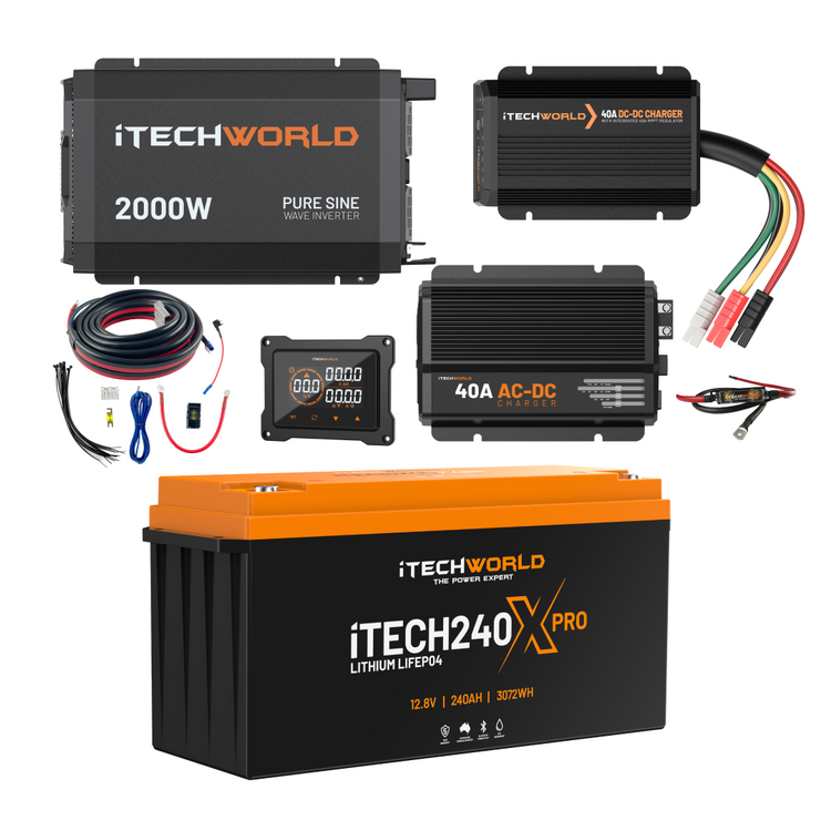 Discover the Complete Lithium 4WD Kit (210-240Ah) from iTechworld, featuring a 2000W inverter, 40A DC-DC and AC chargers, wiring, display, and robust off-road power—all in a compact battery system.