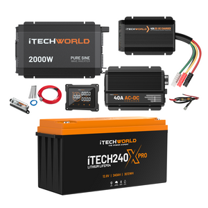 Discover the Complete Lithium 4WD Kit (210-240Ah) from iTechworld, featuring a 2000W inverter, 40A DC-DC and AC chargers, wiring, display, and robust off-road power—all in a compact battery system.