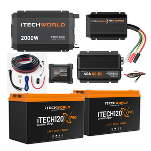 The iTechworld Complete Lithium 4WD Kit (210-240Ah) includes a 2000W inverter, two 12V lithium batteries, 40A AC-DC charger, wiring, connectors, and display panel—a perfect off-road power solution for any adventure.