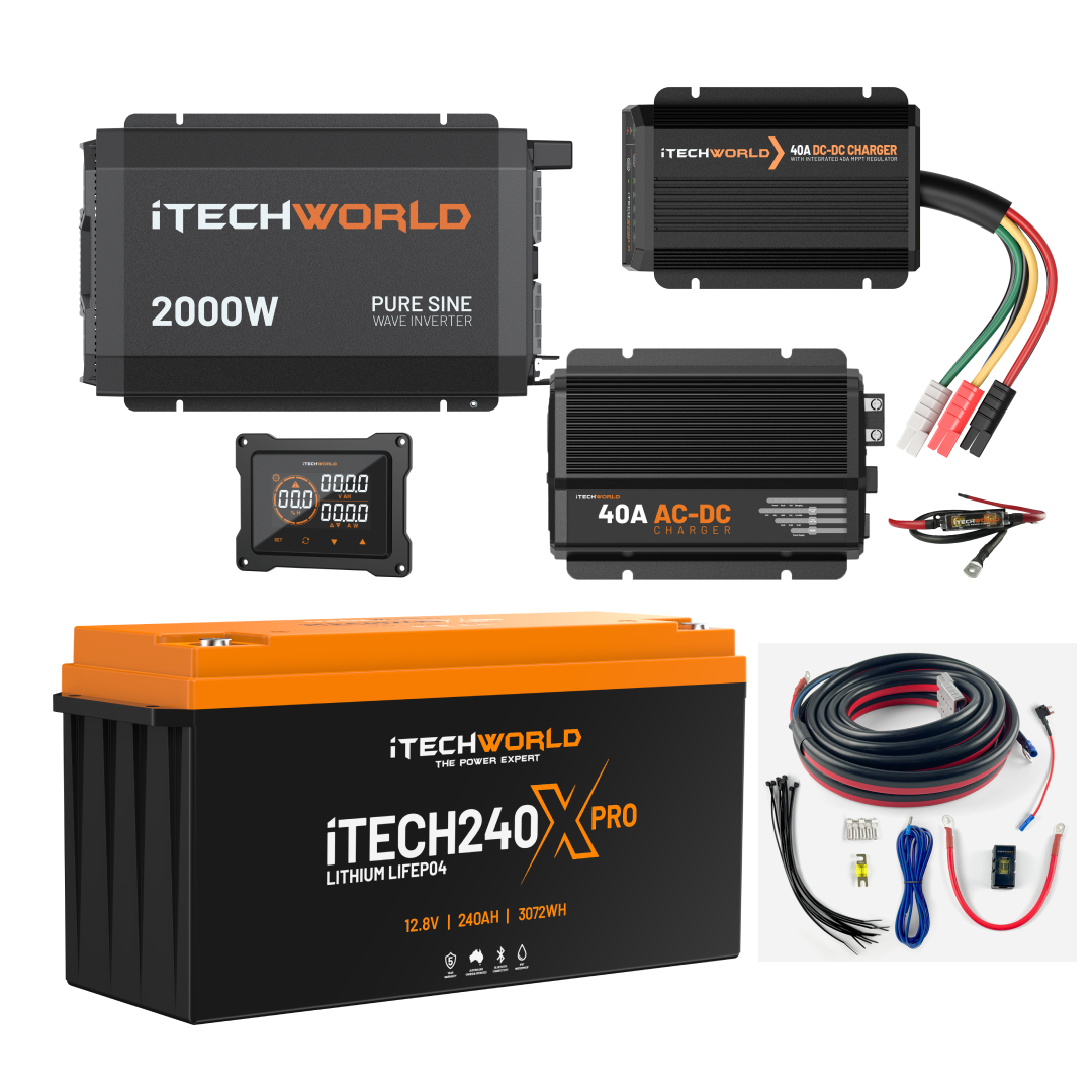 Discover the Complete Lithium 4WD Kit (210-240Ah) from iTechworld, featuring a 2000W inverter, 40A DC-DC and AC chargers, wiring, display, and robust off-road power—all in a compact battery system.