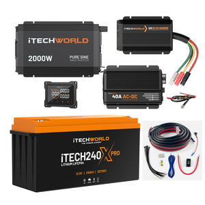 Discover the Complete Lithium 4WD Kit (210-240Ah) from iTechworld, featuring a 2000W inverter, 40A DC-DC and AC chargers, wiring, display, and robust off-road power—all in a compact battery system.