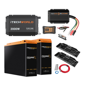 The iTechworld Complete Slimline 4WD Kit | 200Ah includes two large lithium batteries, a 2000W inverter, DC-DC charger, fuse, cables, connectors, battery trays, and a remote display—all against a white background.