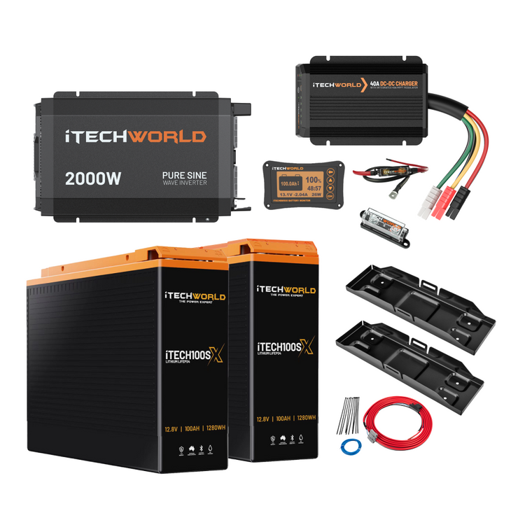 The iTechworld Complete Slimline 4WD Kit | 200Ah includes two large lithium batteries, a 2000W inverter, DC-DC charger, fuse, cables, connectors, battery trays, and a remote display—all against a white background.