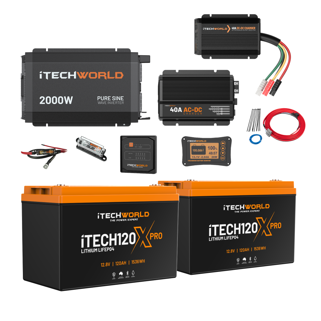 The Complete | Lithium 4WD/Caravan Kit | 240Ah features two lithium batteries, a 2000W inverter, a 40A DC charger, cables, and battery monitors—ideal for any 12V setup, all arranged on a white background.