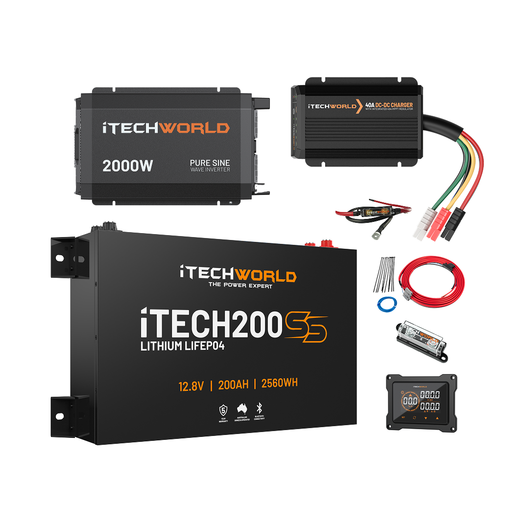 The iTechworld Complete Slimline 4WD Kit | 200Ah includes a 2000W pure sine inverter, 40A DC-DC charger, iTECH200S 12.8V 200Ah lithium battery, cables, fuses, and digital display panel for your power needs.