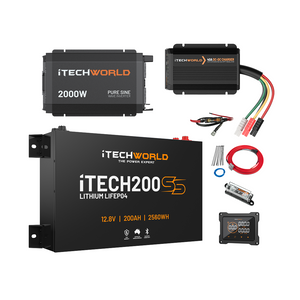 The iTechworld Complete Slimline 4WD Kit | 200Ah includes a 2000W pure sine inverter, 40A DC-DC charger, iTECH200S 12.8V 200Ah lithium battery, cables, fuses, and digital display panel for your power needs.