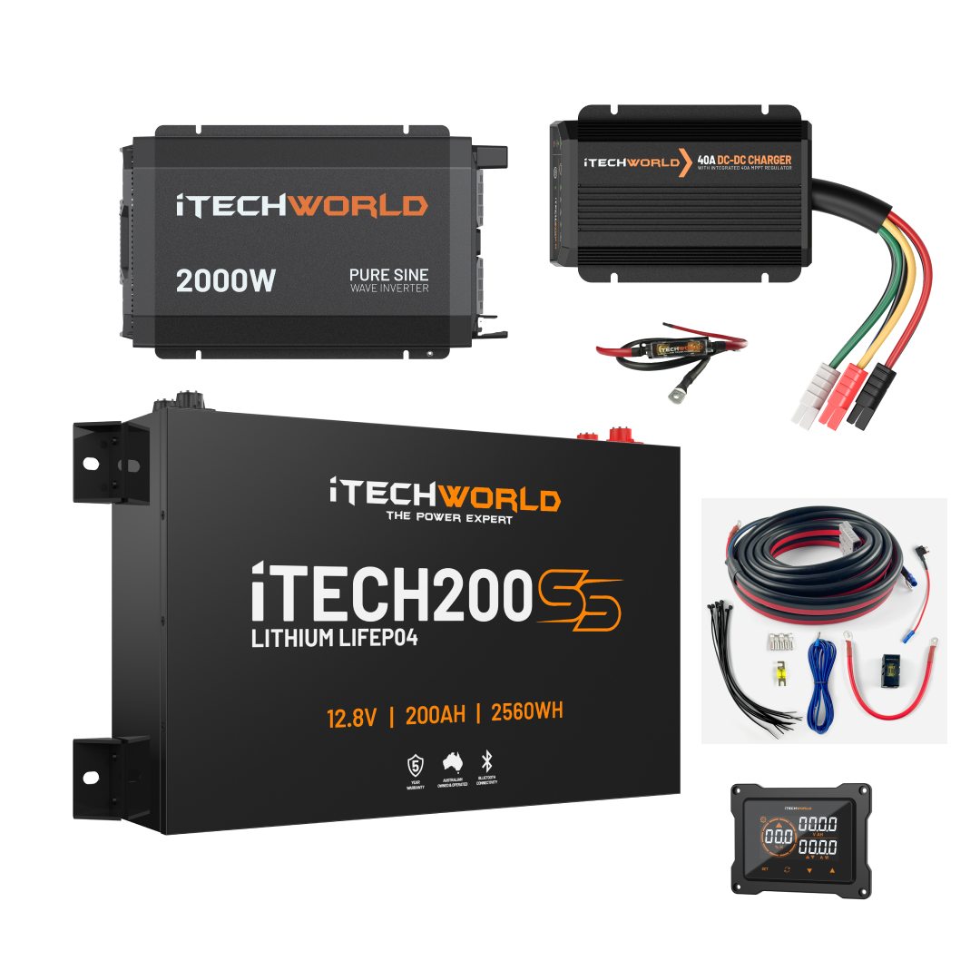 The iTechworld Complete Slimline 4WD Kit | 200Ah includes a 2000W pure sine inverter, 40A DC-DC charger, iTECH200S 12.8V 200Ah lithium battery, cables, fuses, and digital display panel for your power needs.