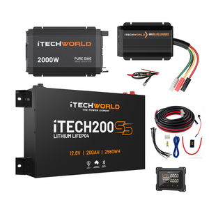 The iTechworld Complete Slimline 4WD Kit | 200Ah includes a 2000W pure sine inverter, 40A DC-DC charger, iTECH200S 12.8V 200Ah lithium battery, cables, fuses, and digital display panel for your power needs.