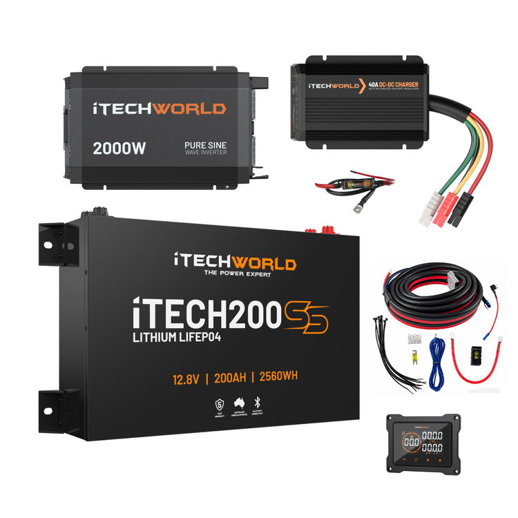 The iTechworld Complete Slimline 4WD Kit | 200Ah includes a 2000W pure sine inverter, 40A DC-DC charger, iTECH200S 12.8V 200Ah lithium battery, cables, fuses, and digital display panel for your power needs.
