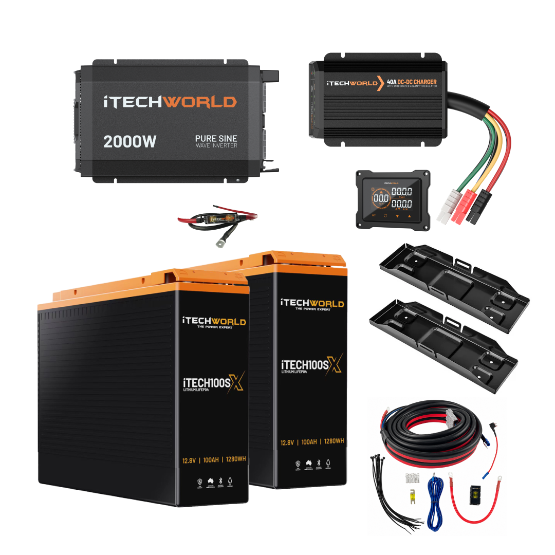 The iTechworld Complete Slimline 4WD Kit 200Ah includes two large lithium batteries, a 2000W inverter, DC-DC charger, wiring, circuit breaker, trays, and digital monitor—everything you need for your ultimate 4WD power system.