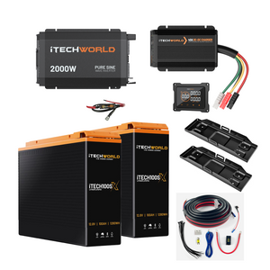 The iTechworld Complete Slimline 4WD Kit 200Ah includes two large lithium batteries, a 2000W inverter, DC-DC charger, wiring, circuit breaker, trays, and digital monitor—everything you need for your ultimate 4WD power system.